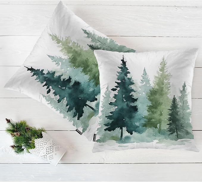 Swono 18"X18" Throw Pillow Covers Fir Trees, Watercolor Christmas Pine Fir Forest Boho Pillowcase Cushion Covers for Couch Bed, Green Square Decorative Pillow Cover Home Sofa Bedroom Car, 2 Pcs