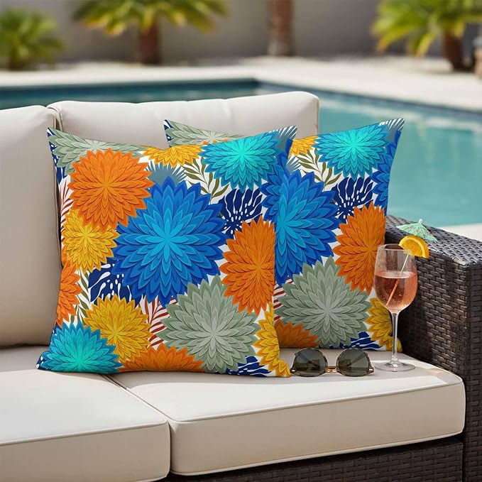 Blue Sage Green Flowers Outdoor Pillow Covers Waterproof, All Weather Cushion Case Set of 2, Boho Colorful Floral Plant Decorative Pillowcases for Sofa Couch Bed Decor Patio Furniture 18"x18"