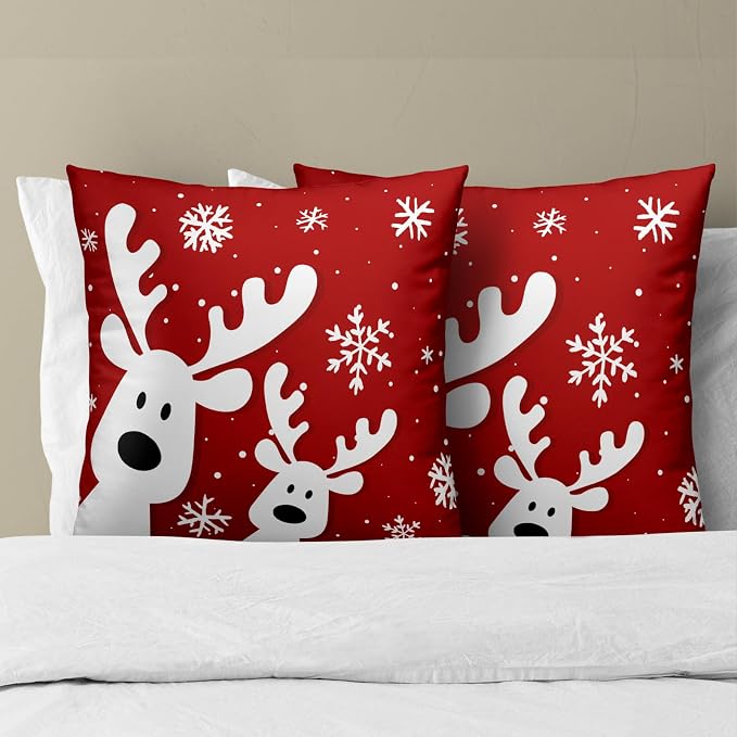 Christmas Reindeer Throw Pillow Covers 18x18 Inch Set of 2, Funny Deers Xmas Red Decorative Pillowcases Soft Square Cushion Cover for Couch Sofa Porch Winter Holiday Home Decor