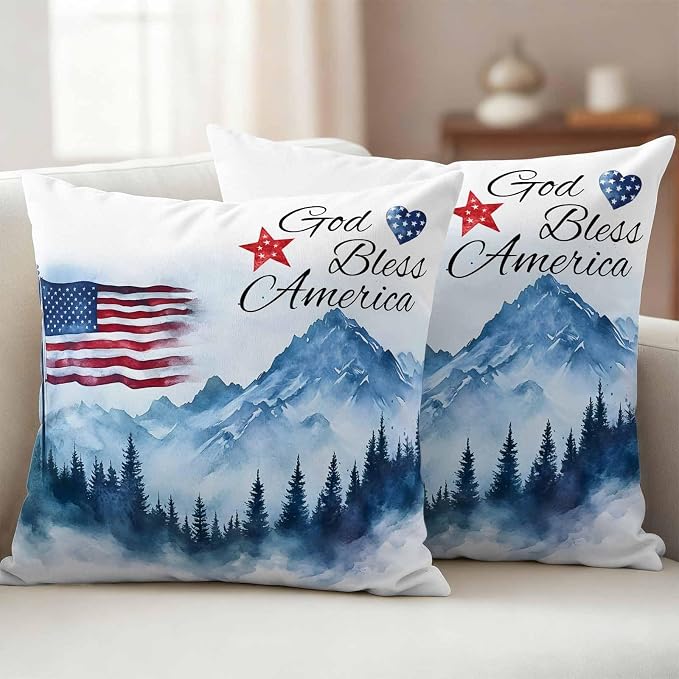 4th of July American Flag Outdoor Pillow Covers 18x18 Inch Throw Pillow Covers Set of 2 Waterproof Decorative Pillow Cases Independence Day Forest Cushion Covers for Patio Furniture Garden Couch Sofa