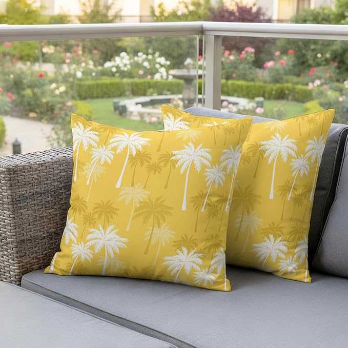 Throw Pillow Covers 16x16 Inch Set of 2, Tropical Palm Tree Waterproof Outdoor Pillow Covers, Yellow White Plants Coastal Leaf Beach Decorative Cushion Pillowcases for Couch, Sofa, Bed, Garden, Patio