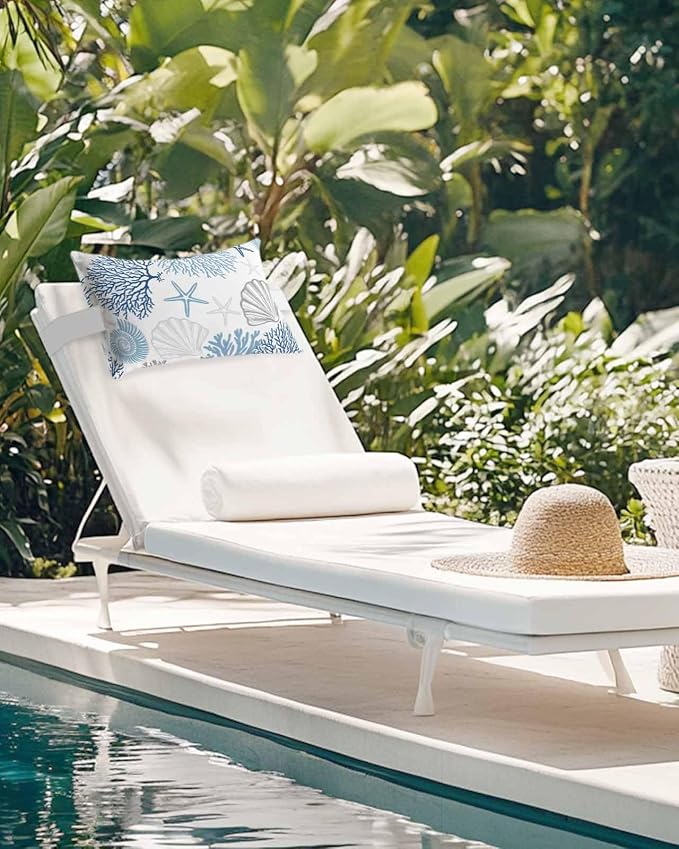 Chaise Lounge Head Pillows,Ocean Shell Starfish Coral Outdoor Waterproof Patio Throw Pillows Watercolor Marine Life Theme Lumbar Pillow for Patio Beach Pool