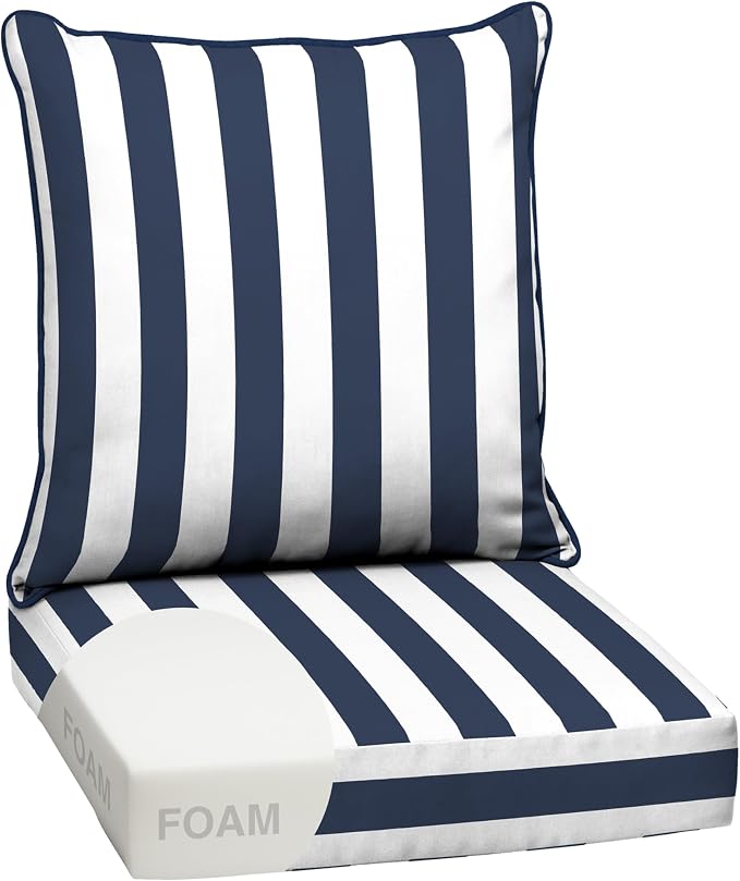 Arden Outdoor Deep Seat Cushion Set, Foam, 24x24, Blue Cabana Stripe | Sofa, Couch, Conversation Set, Premium High-Density Foam, Never Flattens, Mold and Mildew Resistant