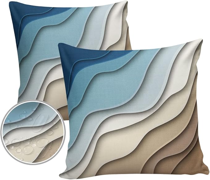Funy Decor Waterproof Outdoor Throw Pillow Cover Blue Modern Geometric Lumbar Pillowcases Set of 2 Brown Abstract Decorative Patio Furniture Pillows for Couch Garden 26 x 26 Inches