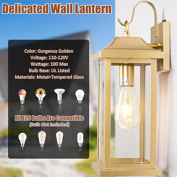 17 Inch Gold Outdoor Sconces Dusk to Dawn 2-Pack | ETL Listed Porch Lights, Photocell Sensor Brass Outdoor Light Fixtures Anti-Rust, Outside Wall Lanterns Wall Mounted Lamps