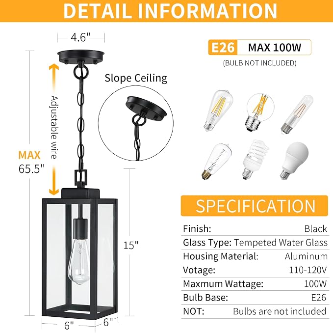 15'' Outdoor Pendant Light, Outside Chandelier Hanging Lantern, Black | Large, with Clear Glass, 1 Pack, Modern Exterior Pendant Lighting Fixture Ceiling Mount for Porch, Entryway