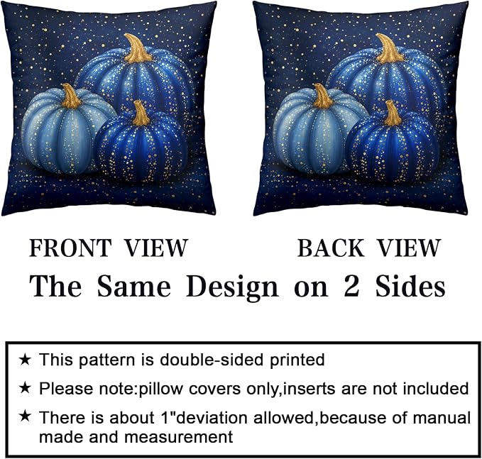 Blue Pumpkin Throw Pillow Covers Fall Thanksgiving Pillowcases Harvest Pillow Covers 16x16 Set of Autumn Outdoor Cushion Cases for Home Bedroom Sofa Couch Patio Garden