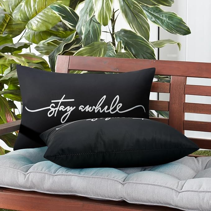 Adabana Outdoor Waterproof Stay awhile Pillow Covers Set of 2 12x20 Inch | Home Decorative Outdoor Pillows Cover for Patio Garden Porch Farmhouse