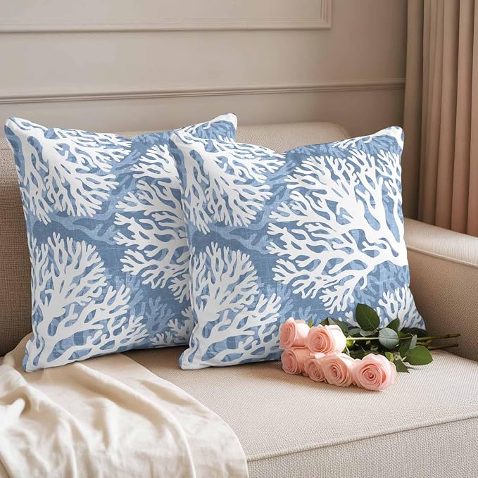 Outdoor Pillow Covers 18x18 Inch Set of 2, Lake Blue Coral Coastal Waterproof Throw Pillow Covers, Summer Beach Nautical Ocean Decorative Cushion Pillowcases for Couch, Sofa, Bed, Garden, Patio