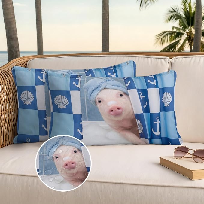 Bathing Pig Waterproof Outdoor Pillow Covers Set of 2 Home Decor, Funny Animal Showering Lumbar Pillowcase Patio Pillow Covers for Couch Bench Patio Furniture Garden 20x12in