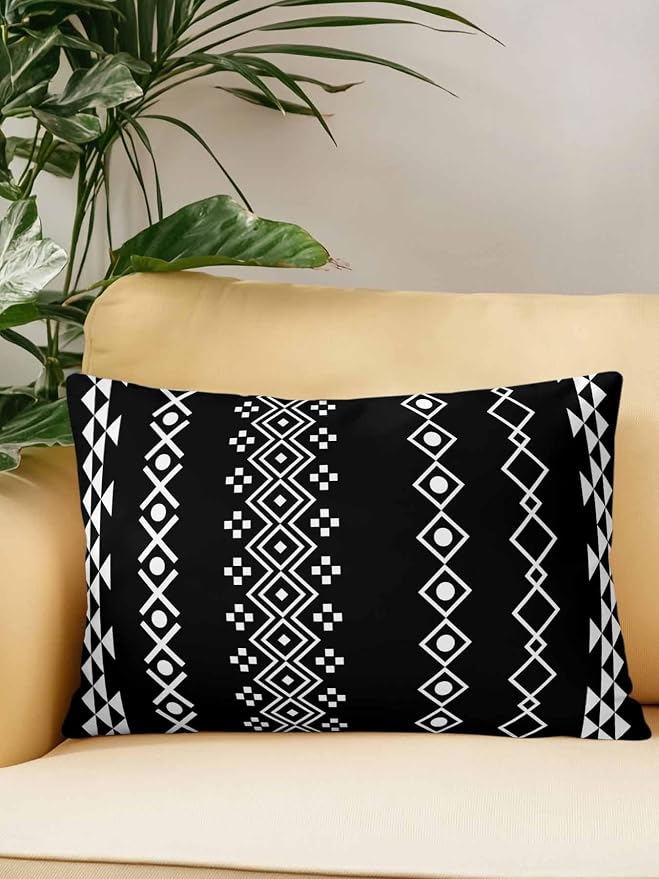 Outdoor Waterproof Throw Pillows 12x20in, Traditional Tribal White Diamond Patio Pillows Pack of 1, Decorative Pillow Covers with Insert, Pillow Cushion Case for Garden Boho Geometric on Black