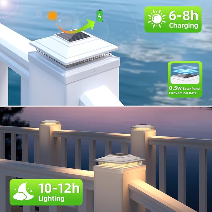 Post Cap Lights Outdoor 4pack, Waterproof Fence Post Solar Lights for 4x4 5x5 6x6 Wood/Vinyl Posts, White Solar Deck Post Lights with 2 Color Modes Decorate Garden Patio Porch Backyard