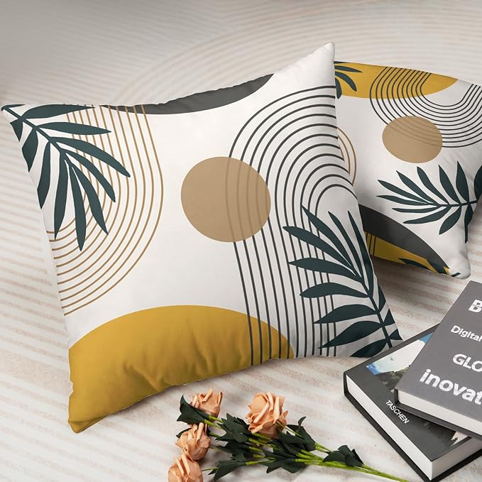 2 Pack Abstract Boho Pillow Covers 20x20 Mid Modern Decorative Pillow Cases Simple Circle Geometric Throw Pillow Covers Green Leaf Home Decor for Bed Couch Sofa