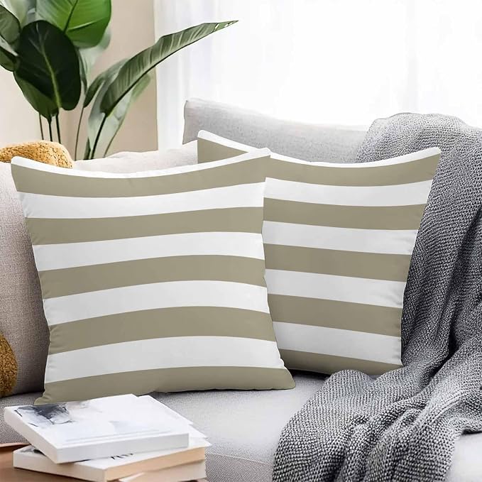 Outdoor Waterproof Throw Pillow Covers Set of 2 Brown White Stripe Pillowcases 18x18 Inches Simple Style Striped Decorative Pillows Cushion Case Patio Pillows for Couch Bed Chair Garden