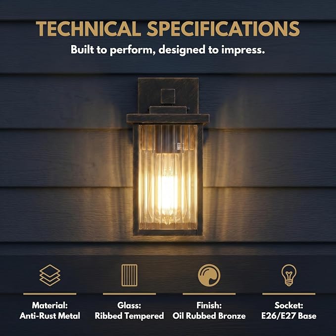 Black Brush Gold Porch Light, Waterproof Outdoor Wall Light | Corrosion-Resistant Metal, Waterproof, Textured Glass Cuts Glare, Easy DIY Install on Porch, Garage