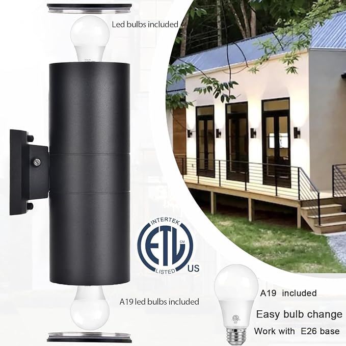 Dusk to Dawn Outdoor Lighting, Cylinder Up Down Wall Sconce | Exterior Light Fixture Outdoor Wall Lights with A19 Bulbs Included, ETL Listed Black Fixture for Garage ,Porch,Front Door