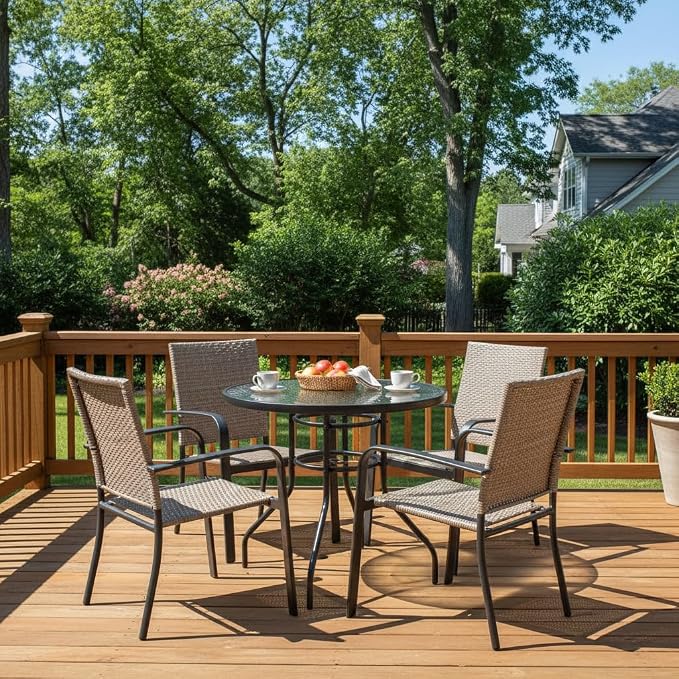 Tangkula 32" Round Outdoor Table with Tempered Glass Top, Patio Dining Table with Umbrella Hole & Metal Frame, Outside Bistro Table for Backyard, Lawn, Deck & Poolside