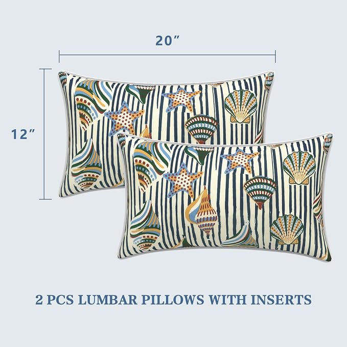 LVTXIII 2 Pack Outdoor Lumbar Pillows 12x20 Inch with White Piping, Fade Resistant Support Throw Pillows with Inserts for Patio Furniture, Sofa, Chair, Cabana Shells