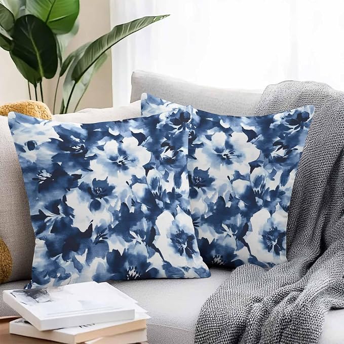 Outdoor Throw Pillow Cover Abstract Watercolor Flower Art Waterproof Cushion Covers 2 Pack Natural Blue White Floral Pillow Cases Home Decoration for Patio Garden Couch Sofa