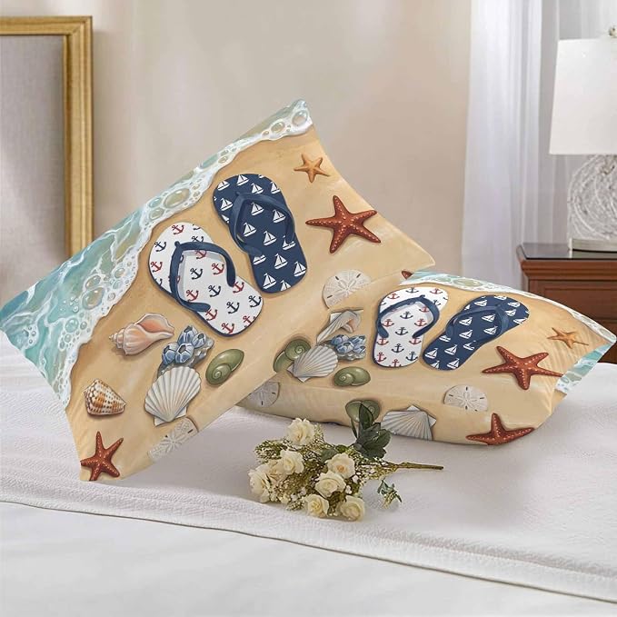 Blue Beige Seaside Outdoor Waterproof Throw Pillow Covers 20x12 Set of 2, Coastal Waves Starfish Summer Beach Nautical Decorative Pillowcases Cushion Pillowcase for Couch Sofa Patio Pillow Protector
