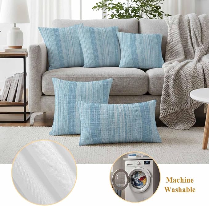 Abstract Blue Outdoor Pillow Covers 26"x26" Set of 2, Rustic Farmhouse Minimalist Blue Vertical Striped Lines Waterproof Throw Pillow Covers for Patio Furniture, Decorative Cushion Covers for Porch