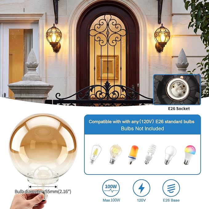 Black Globe Outdoor Wall Lights, Round Exterior Wall Sconce for Patio, Porch, Garage, Anti-Rust Aluminum Wall Mount Lighting Fixture, Classic Wall Lantern with Ornate Cage & Amber Glass, E26 Base