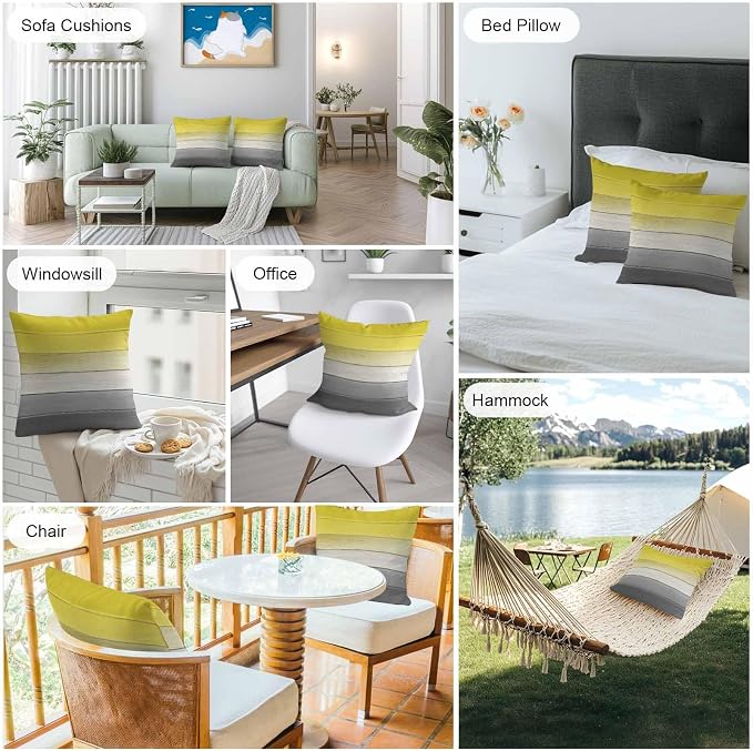 Yellow Gray Outdoor Pillow Covers 18x18 Inch Throw Pillow Covers Set of 2 Waterproof Decorative Pillow Cases Country Vintage Abstract Gradient Wooden Cushion Covers for Patio Furniture Garden Couch