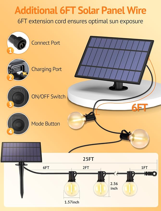 25FT Solar String Lights with Remote, 3 Modes, 11 G40 Bulbs, Black | Solar Powered, Dusk to Dawn, Dimmable, Timer, Memory Function, LED Globe Hanging Lights for Umbrella Gazebo Patio Decor