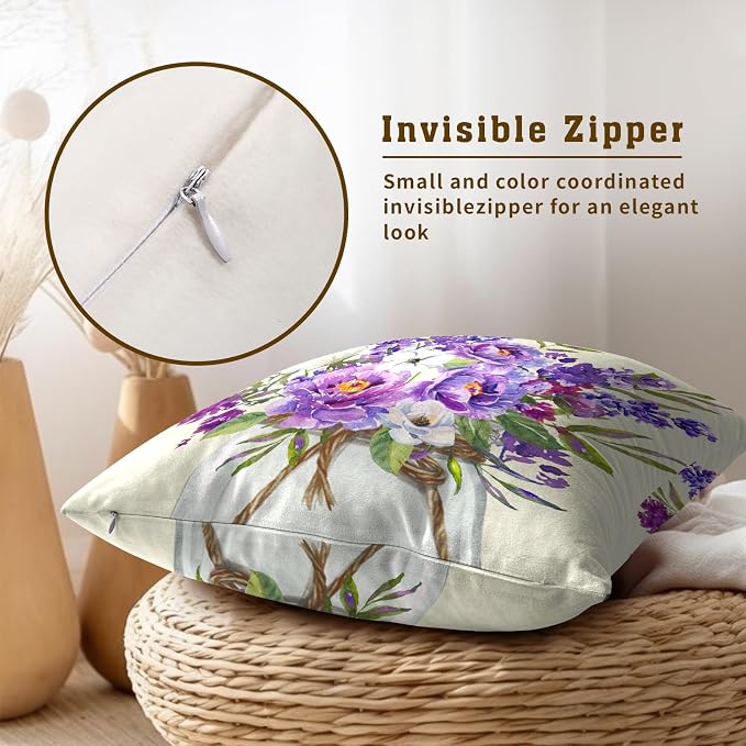 Purple Lavender Throw Pillow Covers 18x18 Set of 2 Spring Summer Flower Vase Botanical Bouquet Farmhouse Square Pillowcases for Couch Porch Sofa Bed Indoor and Outdoor