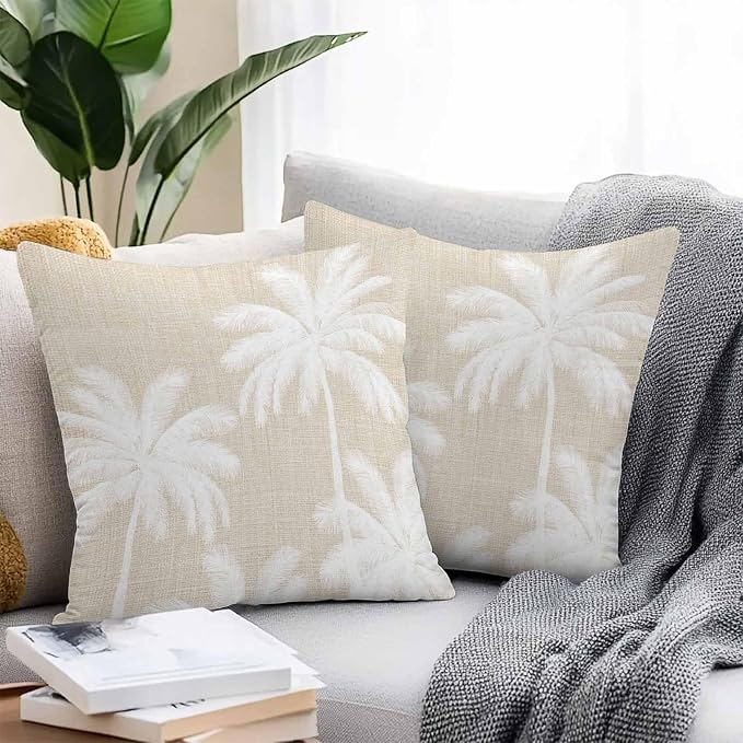Outdoor Pillow Covers 16x16 Inch Set of 2, Beige Palm Trees Waterproof Throw Pillow Covers, Farmhouse Tropical Summer Beach Decorative Cushion Pillowcases for Couch, Sofa, Bed, Garden, Patio