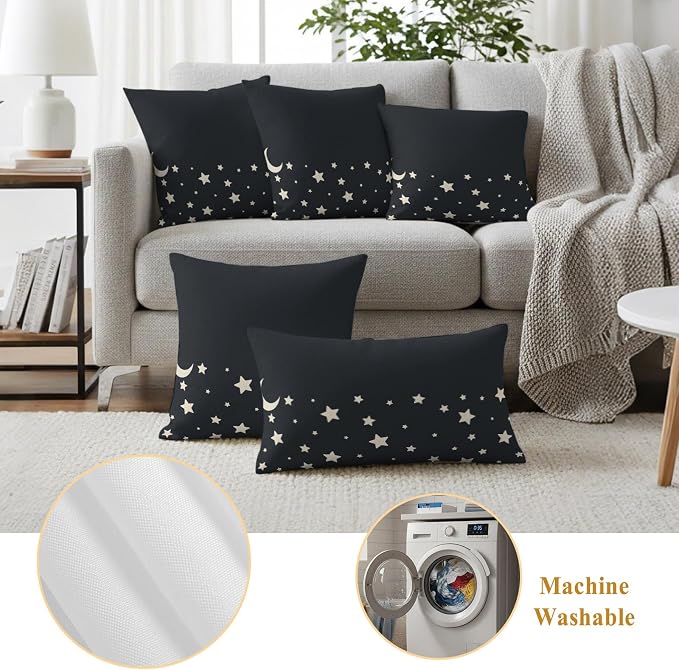 Stars Moon Waterproof Outdoor Pillow Covers Set of 2 Home Decor, Starry Night Black Pillowcase Patio Pillow Covers for Couch Bench Patio Furniture Garden 24x24in