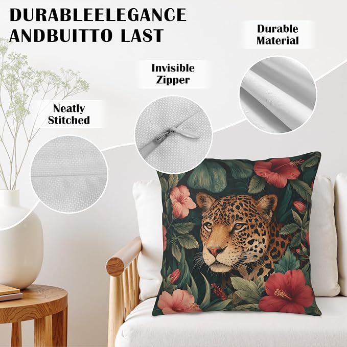 Tropical Leopard Floral Pillow Covers Hawaiian Monstera Leaves Hibiscus Flower Throw Pillow Covers 20x20 Set of 2 Summer Jungle Cheetah Pillow Cases for Sofa Couch Home Decor
