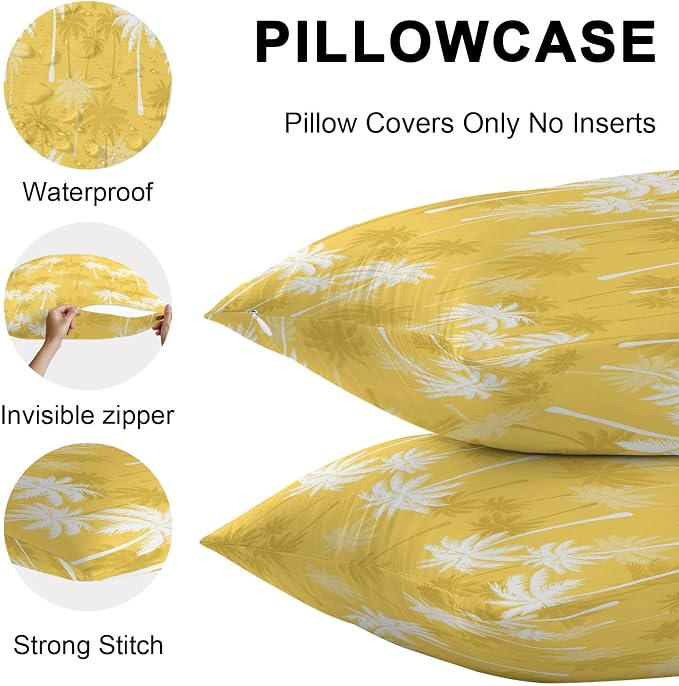Throw Pillow Covers 16x16 Inch Set of 2, Tropical Palm Tree Waterproof Outdoor Pillow Covers, Yellow White Plants Coastal Leaf Beach Decorative Cushion Pillowcases for Couch, Sofa, Bed, Garden, Patio