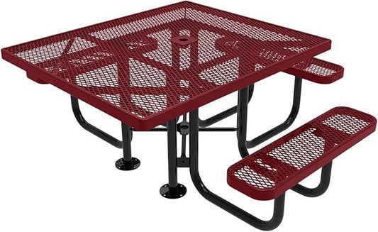 COATEDOUTDOORFURNITURE Heavy-Duty Portable ADA-Compliant Outdoor Picnic Table with Umbrella Hole, Expanded Metal Patio Dining Furniture Made in America (46" Square Top, Burgundy)