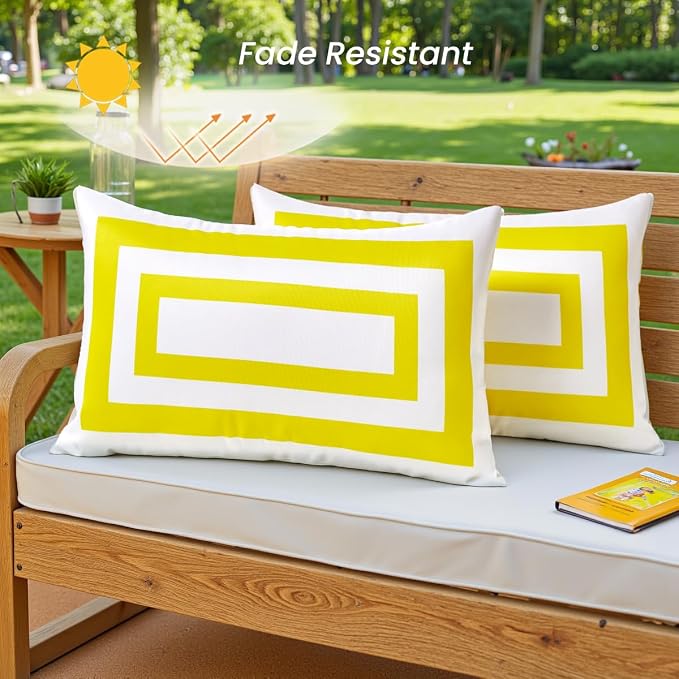 JOJOGOGO 12x20 Mustard Yellow Frame Outdoor Lumbar Pillow Covers Waterproof & Sunproof set of 2, White and Yellow Outdoor Decorative Lumbar Pillows for Patio Furniture and Porch Decor(Without Inserts)