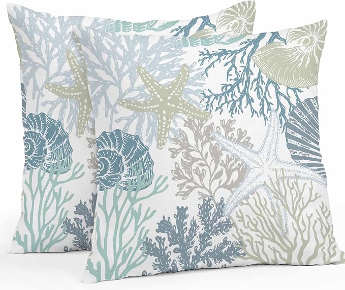 Blue Coral Coastal Waterproof Outdoor Pillow Covers 16''x16'' Set of 2, Starfish Conch Patio Furniture Summer Cushion Covers for Chairs, Decorative Beach Ocean Pillow Cases for Garden/Pool/Beach