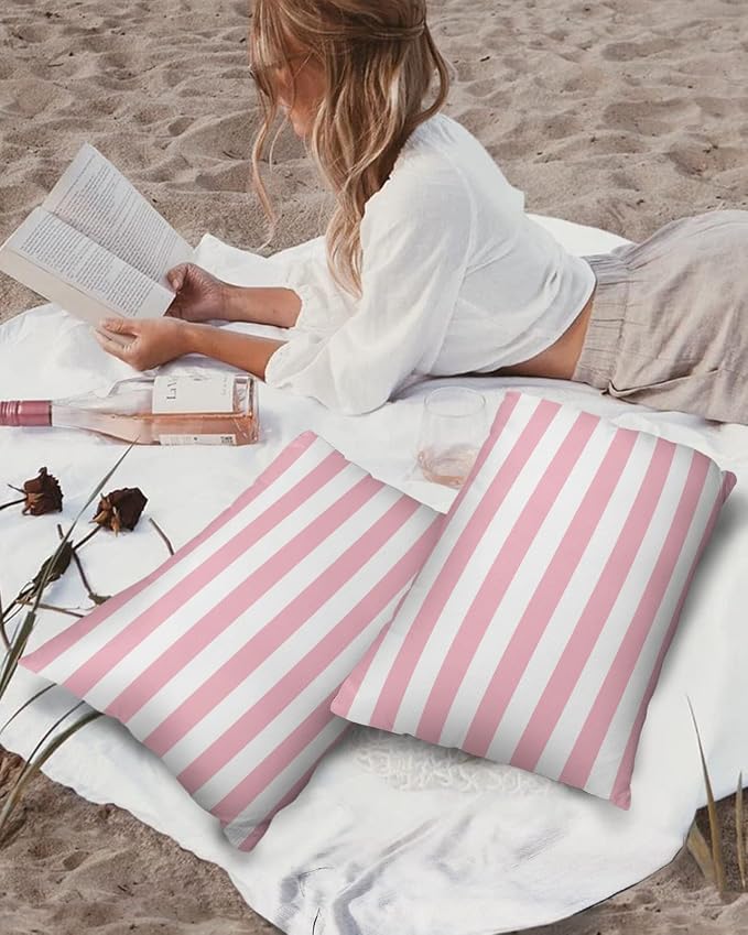 Lumbar Throw Pillow Covers 12x20 Outdoor Waterproof Pillow Covers for Patio Furniture Pink and White Stripes Throw Pillow Cover Solid Striped Pillowcases Set of 2 Cushion Case for Sofa Couch Chair
