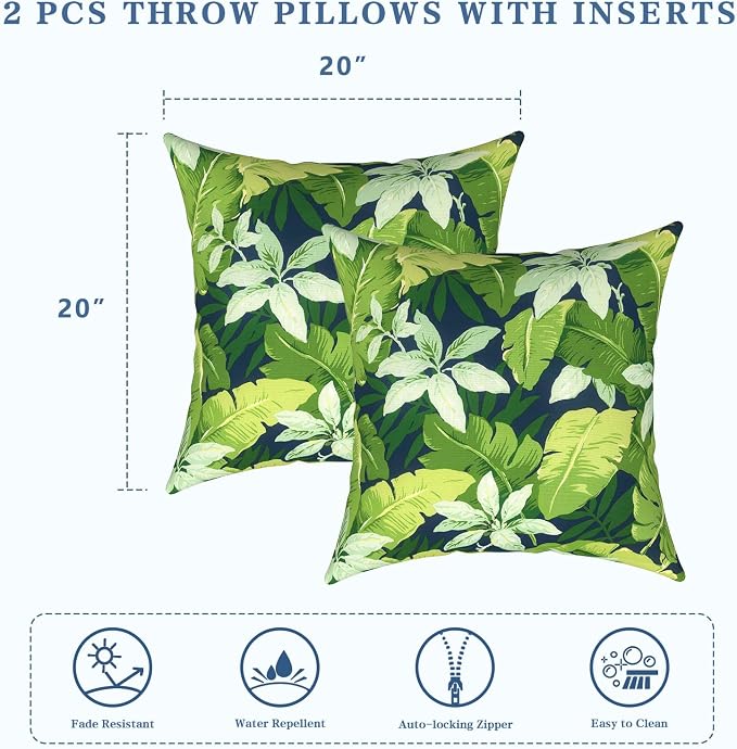 LVTXIII Outdoor Pillows 20x20 Inch, 2 Pack Large Decorative Square Throw Pillows with Inserts for Couch, Bed, Floor Seating, Patio Furniture, Jungle Leaves