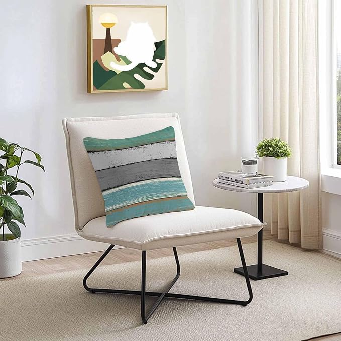 Outdoor Throw Pillow Covers 18X18 Set of 2 Waterproof Teal Green Gray Sea Decorative Zippered Cushion Covers for Patio Furniture, Farmhouse Retro Rustic Barn Wood Texture Lumbar Pillowcases