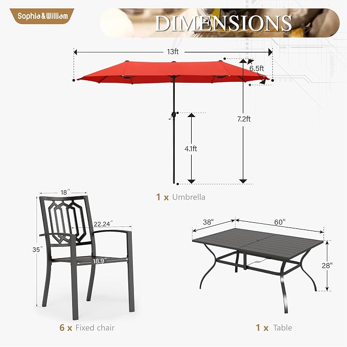 Sophia and William 8 Piece Patio Dining Set for 6 with 13ft Double-Sided Patio Umbrella, Metal Outdoor Table Furniture Set with 6 Outdoor Chairs, 1 Rectangle Dining Table and 1 Orange Red Umbrella