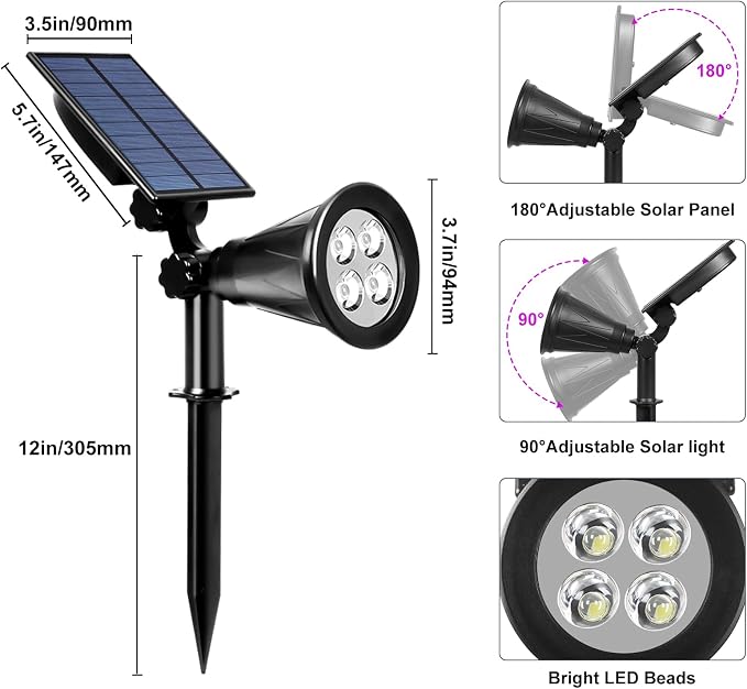 T-SUN Purple Solar Spot Lights Outdoor, Solar Black Lights Outdoor,4 Pack | 4 LEDs, 2 Lighting Modes, IP65 Waterproof Dusk to Dawn Solar Lights for Tree, Patio, Yard, Garden, Driveway, Halloween