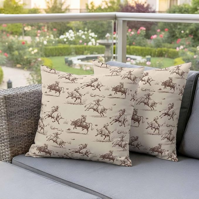 Western Cowboys Outdoor Pillow Covers Waterproof, All Weather Cushion Case Set of 2, Vintage Farmhouse Cow Nature Scenery Decorative Pillowcases for Sofa Couch Bed Decor Patio Furniture 20"x20"