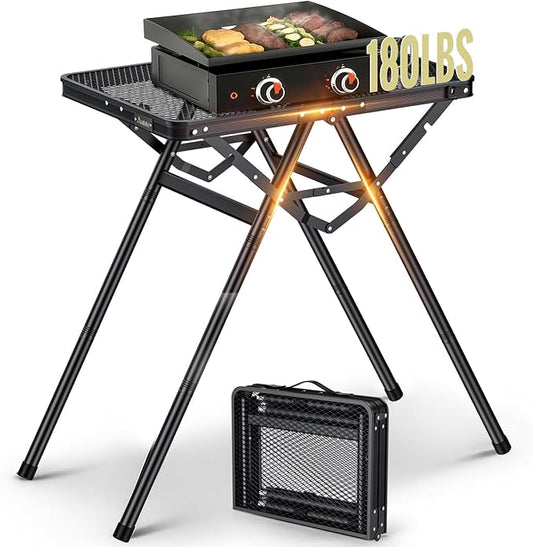 Anbte 2ft Folding Grill Table, Supports 180 Lbs, 2 Adjustable Height 28” Portable Grill Table Heat-Resistant Tabletop, Folding Metal Table for Camping BBQ Cooking Backyard Outdoor, 24" X 16", Black