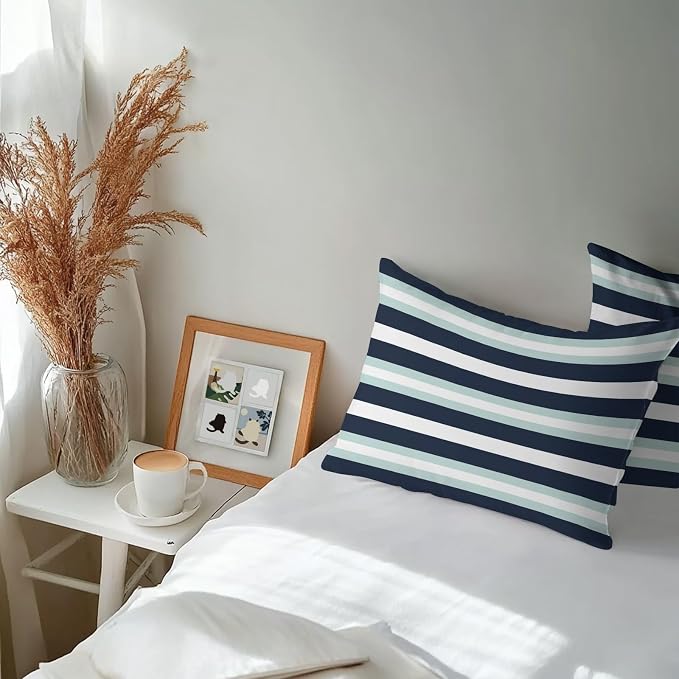 Aqua Navy Blue Striped Outdoor Pillow Covers Waterproof, All Weather Cushion Case Set of 2, Modern Abstract Lines Geometric Lumbar Pillowcase for Sofa Couch Bed Decor Patio Furniture 20"x12"