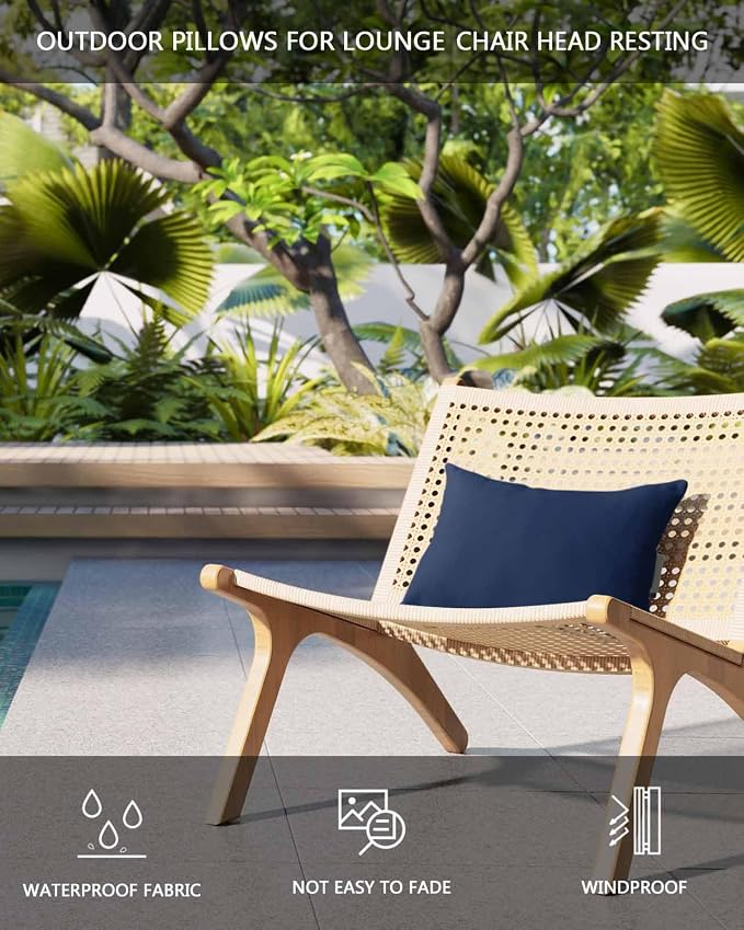 DecorLovee Navy Blue Outdoor Recliner Pillows for Head, Modern Pure Blue Waterproof Chair Pillow with Elastic Stripe, Farmhouse Chaise Lounge Headrest Pillow for Patio/Beach/Pool 2Pack, 11"x16"