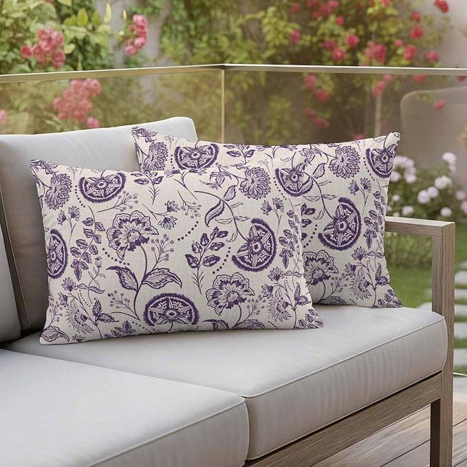 Outdoor Pillow Covers 20x12 Set of 2, Purple Spring Floral Waterproof Patio Throw Pillow Covers for Couch Sofa Chair, Summer Botanical Farmhouse Decorative Pillowcases for Throw Pillows