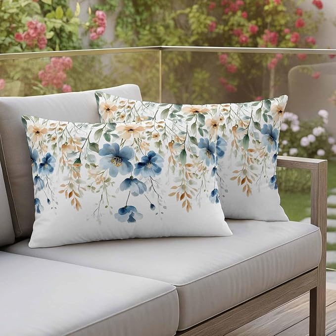 Blue Spring Floral Waterproof Outdoor Pillow Covers 20''x12'' Set of 2, Weeping Botanical Patio Furniture Summer Cushion Covers for Chairs, Decorative Wildflowers Pillow Cases for Garden/Pool/Beach