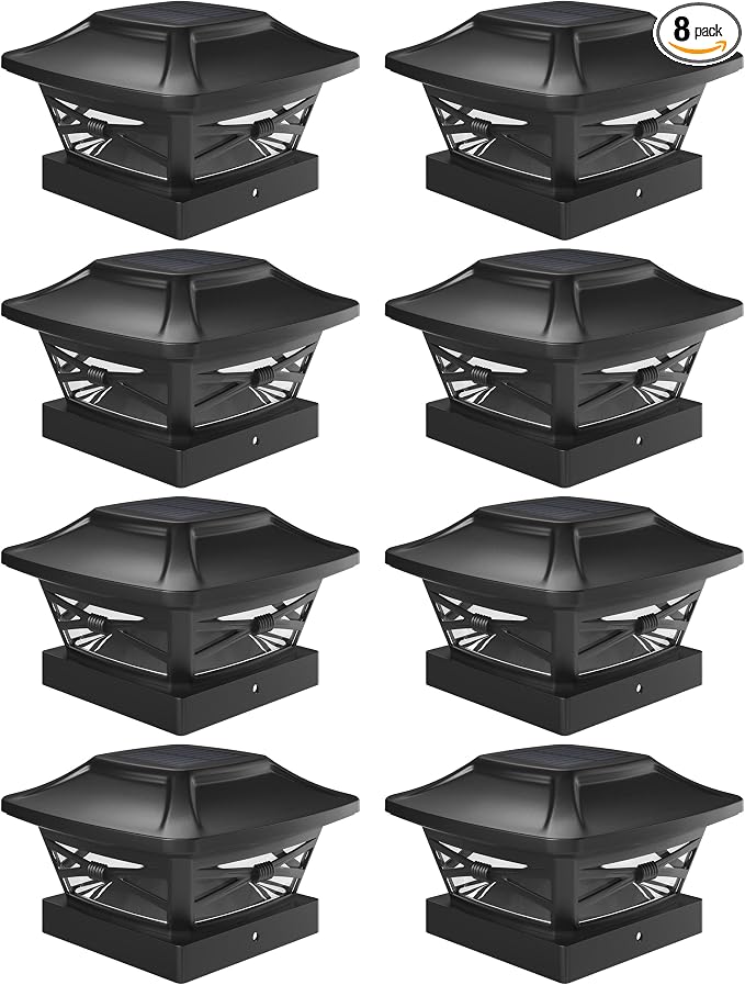 Davinci Lighting Renaissance Solar Outdoor Post Cap Lights - Includes Bases for 4x4 5x5 6x6 Posts - Bright LED Light - Slate Black (8 Pack) | Slate Black, fence/deck/garden/patio posts, UV fade-protected plastic, auto-on, 7-8h runtime, cordless, IP44, ...