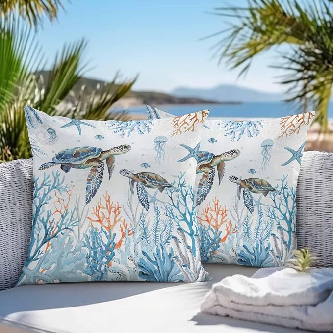 Sea Turtle Outdoor Pillow Covers Pack of 2, Teal Blue Ocean Beach Coastal Waterproof Pillow Covers Underwater Animal Throw Pillowcase for Patio Funiture Garden Tent, 18 x 18 inch