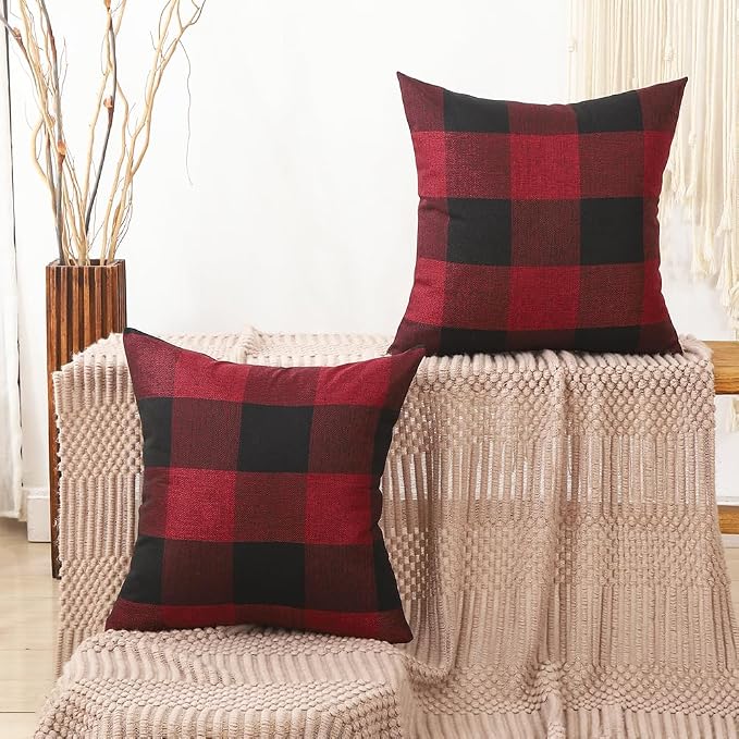 CARRIE HOME Red and Black Christmas Checkered Throw Pillow Covers 16x16 Set of 2 Outdoor Christmas Farmhouse Decor Pillows 16 x 16 for Patio Deck and Couch Sofa (No Pillow Inserts)